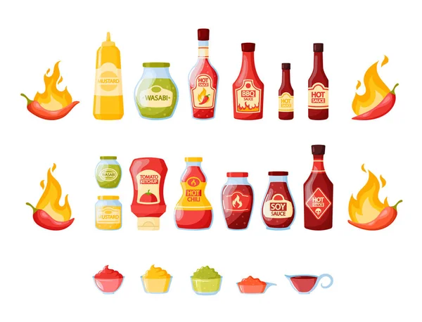 Set van hete sauzen in potten, flessen, kommen, rode Chili peper in vuur, wasabi, mosterd in tube, Bbq of soja — Stockvector