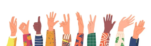 Emberi kéz köszöntés Gesztikulálás, változatos karakterek fekete-fehér karok kifejező érzelmek tenyérrel és ujjakkal — Stock Vector