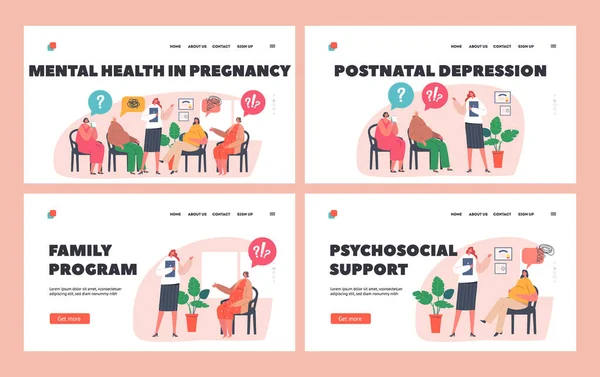 Salute mentale in gravidanza Landing Page Template Set. Le donne incinte visitano i corsi di supporto per l'assistenza psicologica — Vettoriale Stock