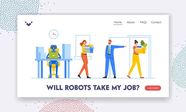 Cyborg ersätter människor på Job Landing Page Mall. Artificiell intelligens Robot ersätter anställd karaktär på jobbet — Stock vektor