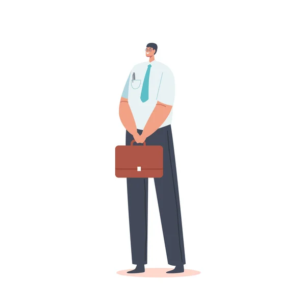 Carattere maschile asiatico, uomo single in camicia bianca, cravatta e pantaloni blu con valigetta in mano. Imprenditore o Manager — Vettoriale Stock