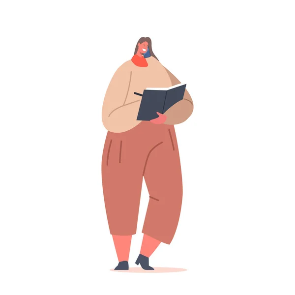 穿着便服的积极肥胖的女商人一边打电话一边写便条。自信的女性 — 图库矢量图片