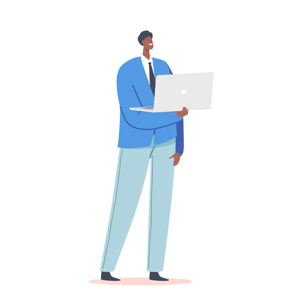 Indio o Pakistán Empresario Hombre Carácter desgaste azul chaqueta y pantalones de pie con ordenador portátil en las manos, hombre soltero — Vector de stock