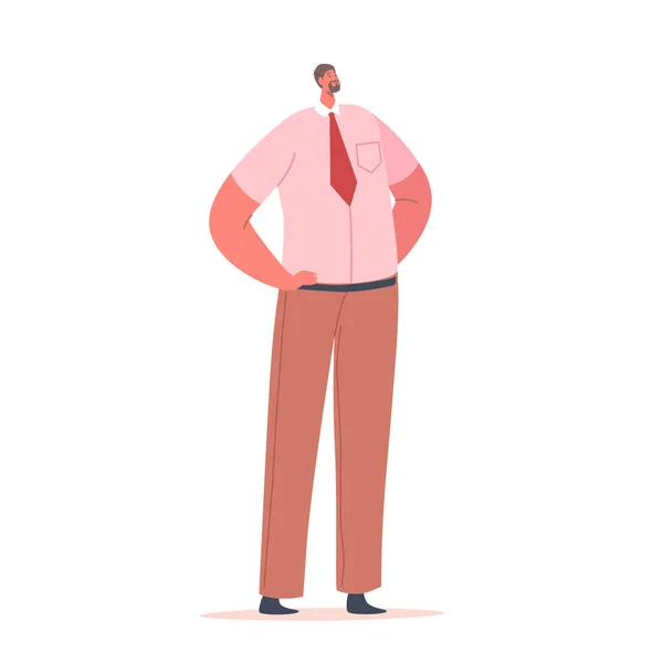 Personnage masculin en costume formel, homme d'affaires porter une chemise rose, cravate et brun et pantalon stand avec bras Akimbo, Manager — Image vectorielle