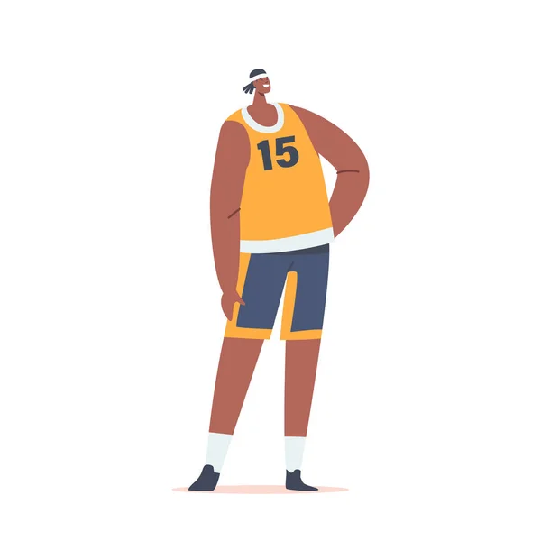 Giocatore di basket Indossare uniforme, personaggio sportivo con supporto pelle scura con braccio Akimbo isolato su sfondo bianco — Vettoriale Stock