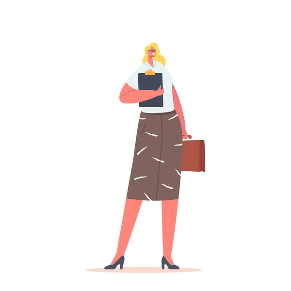Affärskvinna i kontorskläder med Urklipp. Kvinnlig karaktär i vit tröja och kjol isolerad på vit bakgrund — Stock vektor