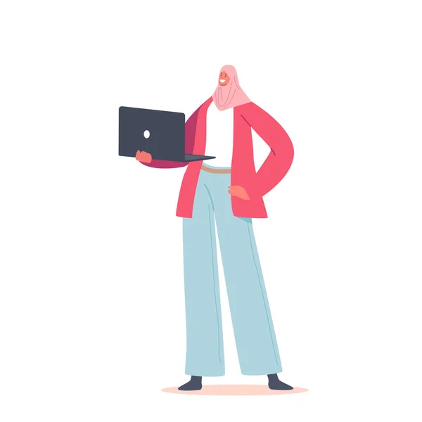 Mulher de negócios árabe com laptop em mãos. Personagem Feminina Árabe Vestida em Hijab Nacional Tradicional e Terno —  Vetores de Stock