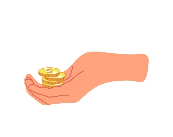 Χρυσά νομίσματα στοίβα στο χέρι. Επιχειρηματίας Δωρεά, Επαιτεία, Παραλαβή, Δίνοντας, Πάρτε το στοιχείο σχεδιασμού χρήματα απομονώνονται σε λευκό — Διανυσματικό Αρχείο