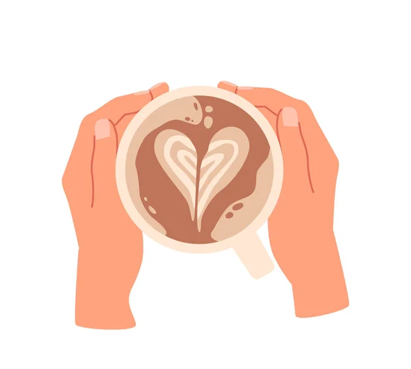 Menselijke handen vasthouden mok met cappuccino koffie drank versierd met schuim in de vorm van hart bovenaanzicht geïsoleerd op wit — Stockvector
