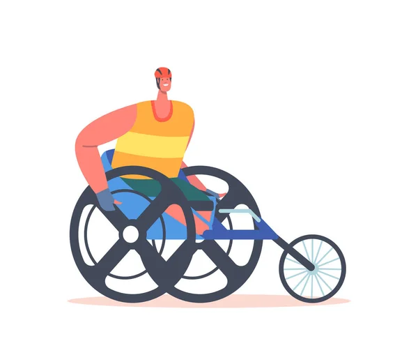 残奥会选手坐在赛车轮椅上，残疾人运动员穿制服，年轻的截肢者 — 图库矢量图片