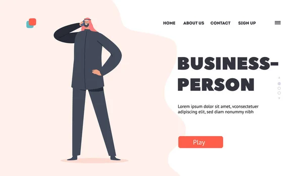 Business Person Landing Page Template (em inglês). Homem Saudita Personagem Empresário. Homem árabe em Headwear tradicional — Vetor de Stock