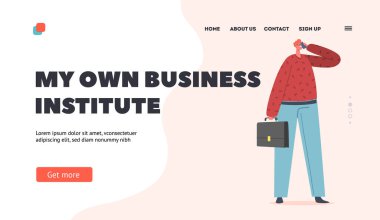 İşletme Enstitüsü İniş Şablonu. İş adamı kırmızı gömlek ve mavi pantolon giyer. Çantayı tutar.