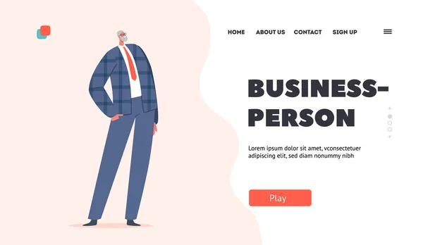 Plantilla de landing page de persona de negocios. Hombre mayor personaje en traje formal, hombre maduro usar chaqueta gris y pantalones — Vector de stock