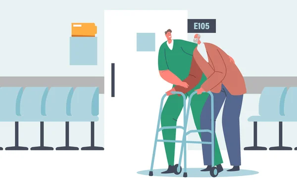 Altenpflege, medizinisches Hilfskonzept. Ehrenamtliche oder Sanitäter helfen älterem Mann mit Gehgestell im Pflegeheim — Stockvektor
