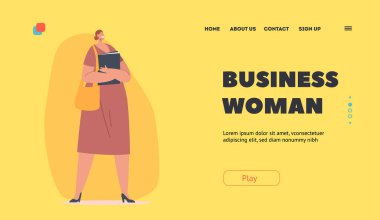 Business Woman İniş Sayfa Şablonu. Günlük giysiler içindeki iş kadını. Kadın Karakteri Kahverengi Elbise, Topuklu Ayakkabı