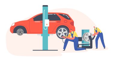 Tamirhanede işçiler araba lastiklerinde basınç değiştirip ölçüyorlar. Erkek Karakterler Üniformalı Dağ Lastikleri Giyer