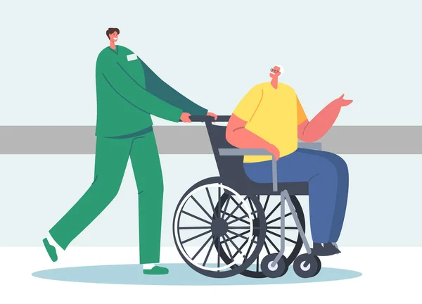 Medicinsk hjälp Gamla funktionshindrade på vårdhem eller klinik. Ung sjuksköterska socialarbetare vård av sjuka Senior på rullstol — Stock vektor