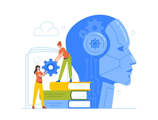 Cyborg and Machine Training Process. Tiny Engineers Characters with Cogwheel at Huge Robot Head. Artificial Intelligence — Stock Vector