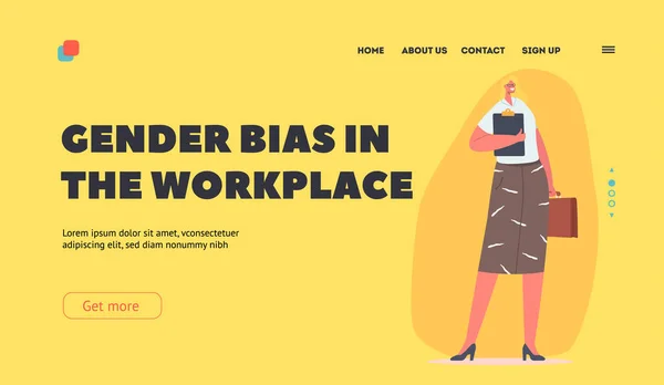 Šablona stránky přistání na pracovišti s genderovými předsudky. Podnikatelka v kancelářských šatech se schránkou. Ženská postava — Stockový vektor