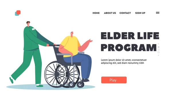 Elder Life Program Modelo de landing page. Ajuda Médica Pessoas com Deficiência Velha em Lar de Cuidados ou Clínica. Cuidados de Enfermagem Senior — Vetor de Stock