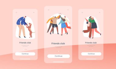 Friends Club Mobil Uygulama Sayfası Ekran Şablonu. Erkek ve Kadın Karakterler Birbirlerini Selamlıyor, Erkek Köpekle Oynuyor