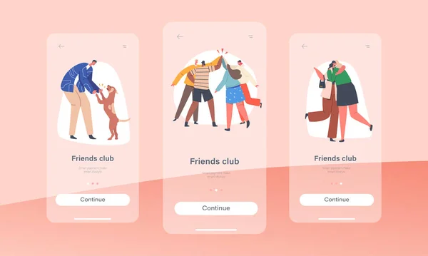 Friends Club Mobile App Σελίδα επί του σκάφους Πρότυπο οθόνης. Άνδρες και γυναίκες χαρακτήρες χαιρετώντας ο ένας τον άλλον, ο άνθρωπος παίζει με το σκυλί — Διανυσματικό Αρχείο