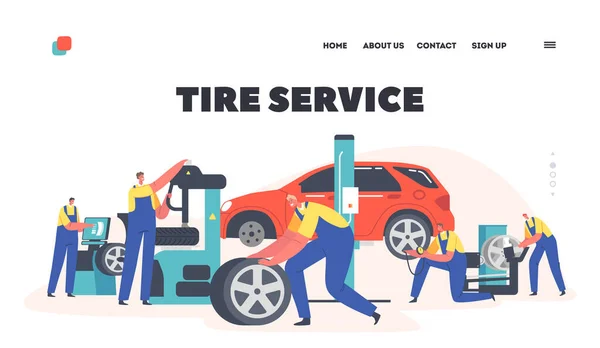 Vehicle Repair, Maintenance Service Landing Page Template. Workers Change Tires at Garage. Characters Mount Tyres — Stock Vector