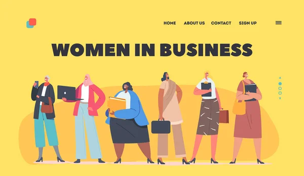 Kobiety w biznesie Landing Page Szablon. Pewna siebie kobieta Postacie kaukaskie, afrykańskie, indyjskie lub arabskie Pochodzenie etniczne — Wektor stockowy