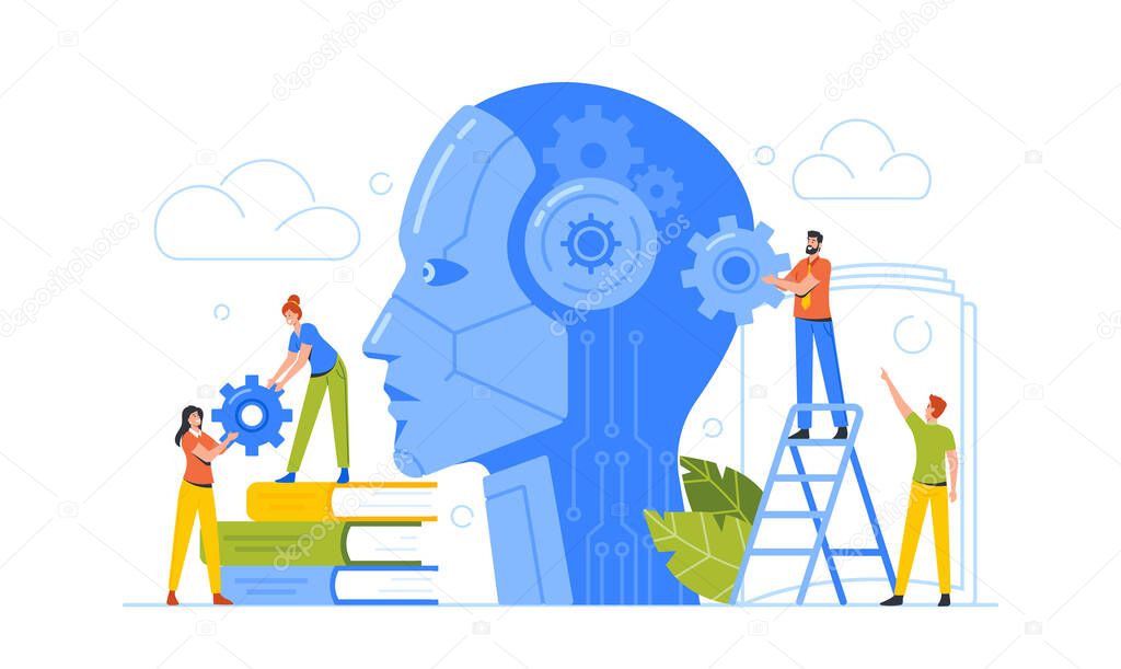 Tiny Business Characters with Gears at Huge Cyborg Head. Artificial Intelligence, Machine Learning and Training Concept