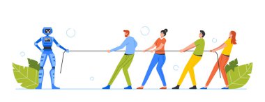 Ofis Karakterleri Yapay Zeka Robotu Konsepti ile İpi Yırt. Erkek kadın işçiler Cyborg 'la römorkör oynuyor.