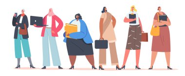 Beyaz Arkaplanda Ayrı Giyinen Kendinden emin Kadın Karakterler, Afrikalı, Hintli, Arap Etkinliği