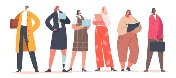 Diversas mujeres de negocios están en fila. Personajes Femeninos Confiados, Discapacitados o Saludables Caucásicos, Africanos, Asiáticas — Vector de stock