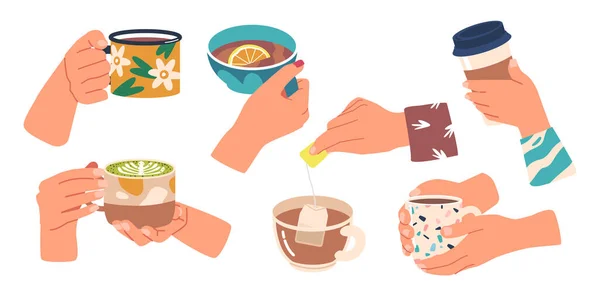 Набор человеческих рук, держащих чашки с горячими или холодными освежающими напитками Пузырь чай, кофе, сода, сок, Капучино Напитки — стоковый вектор