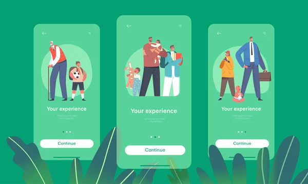 Tecrübe Mobil Uygulama Sayfası Ekran Şablonunuz. Büyükbaba ve Küçük Okul Çocuğu, Baba ve Bebek — Stok Vektör
