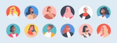 İş Kadınları Görselleri, İzole Edilmiş Yuvarlak Simgeler. Mutlu Gülümseyen Yaşlı ve Genç Kadın Farklı Milletler