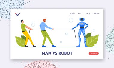 Man vs Robot İniş Sayfası Şablonu. İş Karakterleri Yapay Zekaya Karşı Savaşıyor. İnsan Cyborg Savaş Çekicisi