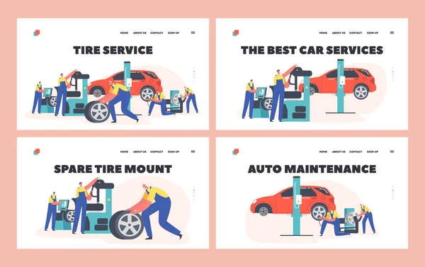 Vehicle Repair, Maintenance Service Landing Page Template Set. Workers Change Tires at Garage. Characters Mount Tyres — Stock Vector