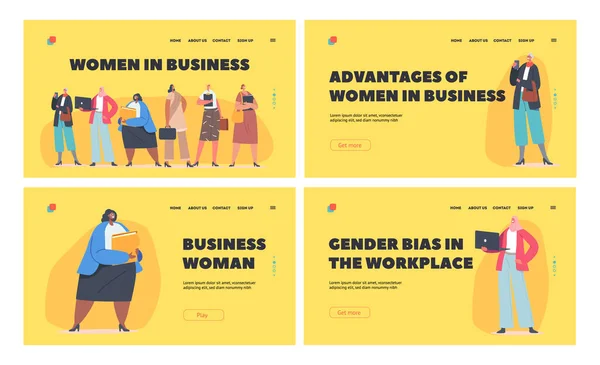 Sestava šablon stránek Business Landing pro ženy. Sebevědomé ženské postavy kavkazské, africké, indické nebo arabské národnosti — Stockový vektor