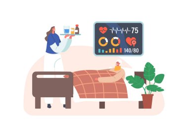 Hastane odasında yatan yaşlı kadına ilaç getiren dost canlısı hemşire, sağlık hizmetleri konsepti. Kıdemli Hasta