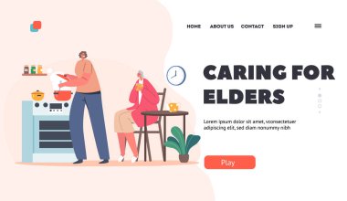 İhtiyarların İniş Sayfası Şablonu Bakımı. Genç Kadın Mutfakta Yaşlı Kadın Karakteriyle Masada Oturuyor