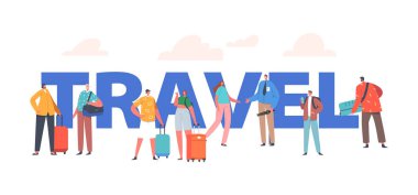 İş gezisi, seyahat konsepti. Bavullu insanlar havaalanında kayıt bekliyor. Bavullu Turist Karakterleri