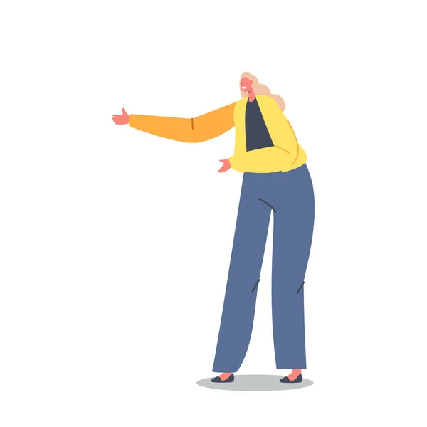 Mature personnage féminin porter une veste jaune et pantalon bleu gesticulant avec les bras, résoudre des problèmes, expliquer quelque chose — Image vectorielle