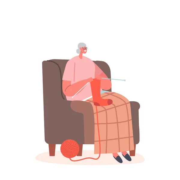 Бабуся, яка насолоджується нічним відпочинком. Старша жінка Сидячи на кріслі в вітальні Зв'язані шкарпетки, Матінка рукоділля — стоковий вектор