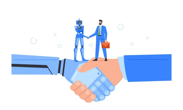 Искусственный интеллект Робот и персонаж бизнесмена пожимают друг другу руки. Рукопожатие Ай Вэйвэя с человеком будущего — стоковый вектор