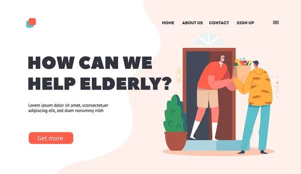 Aiuto e supporto anziani Landing Page Template. Consegna dell'uomo, volontario o corriere che consegna cibo all'uomo anziano — Vettoriale Stock