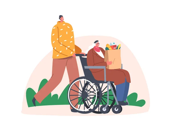 Ung man hjälp till gamla funktionshindrade kvinna att gå och köpa livsmedel Köra henne på rullstol, socialarbetare, volontär — Stock vektor