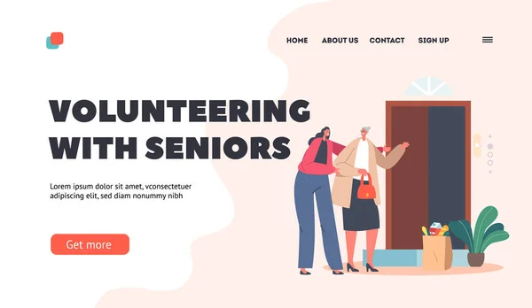 Voluntariado com Seniors Landing Page Template. Voluntária Personagem Feminina Ajuda Velha Senhora com Compras Mercearia — Vetor de Stock