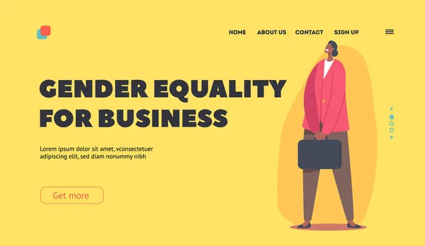 Jämställdhet för företag Landning Page Template. Afrikansk affärskvinna Karaktär Bär Formell Kostym Hold Portfölj — Stock vektor