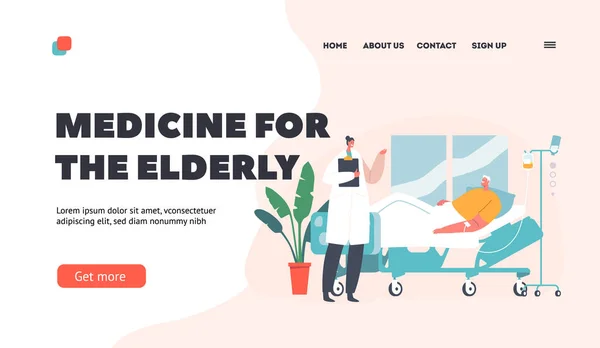 Φάρμακα για το πρότυπο Ηλικιωμένων Landing Page. Γέρο στο νοσοκομείο, υγειονομική περίθαλψη. Ανώτερος Αρσενικός Χαρακτήρας Ασθενή στην πτέρυγα — Διανυσματικό Αρχείο
