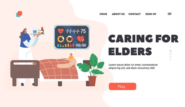 Prendersi cura di Elders Landing Page Template. Infermiera portare i farmaci alla vecchia donna sdraiata in camera d'ospedale, assistenza sanitaria — Vettoriale Stock